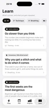 Learn screen: articles with their evidence level