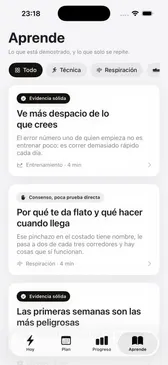 Pantalla Aprende: artículos con su nivel de evidencia