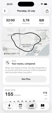 Run detail: route map, time, distance and heart rate