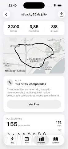 Detalle de una salida: mapa del recorrido, tiempo, distancia y pulsaciones