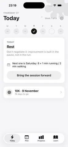 Today screen: the day's session, the week and the goal