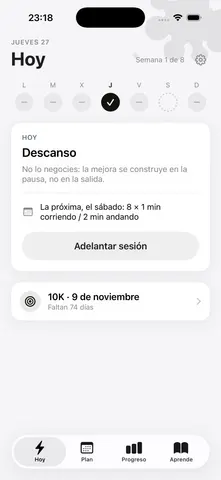 Pantalla Hoy: la sesión del día, la semana y la meta