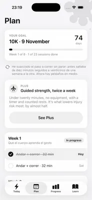 Plan screen: the goal, the weeks and the sessions
