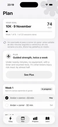 Plan screen: the goal, the weeks and the sessions