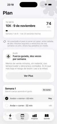 Pantalla Plan: la meta, las semanas y las sesiones