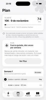 Pantalla Plan: la meta, las semanas y las sesiones