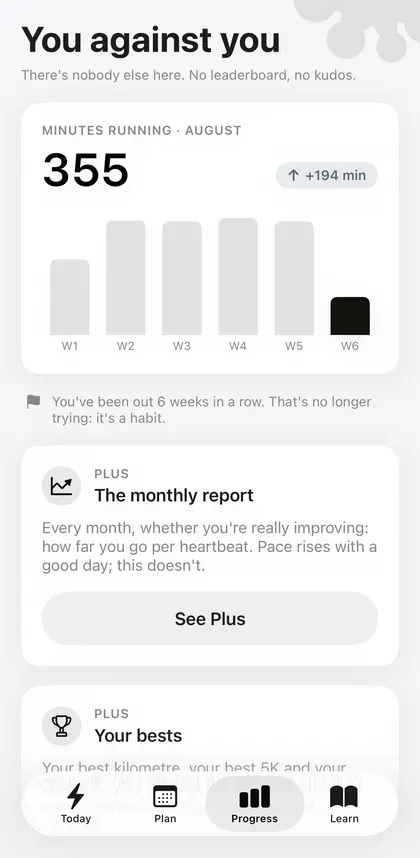 Progress screen: minutes running per week