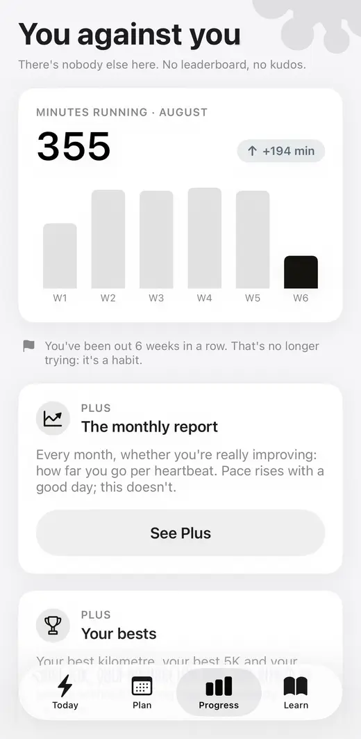 Progress screen: minutes running per week