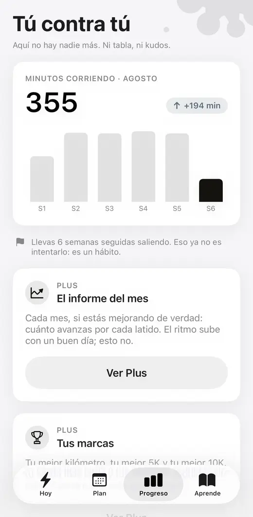 Pantalla Progreso: minutos corriendo por semana